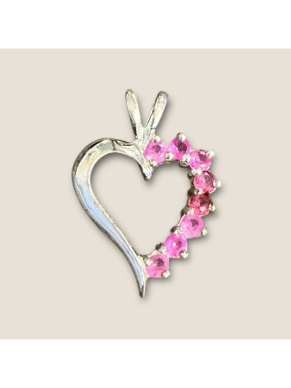 Sterling Silver Open Heart Pendant With Pink Gemstones  Elegant Vintage Jewelry